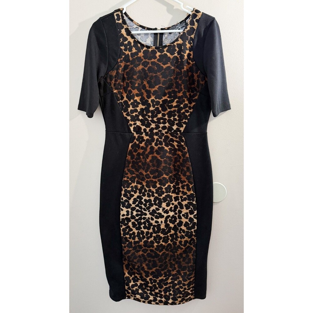 Almost Famous Leopard Bodycon Dress Women XL Black Fitted Short Sleeve Night Out